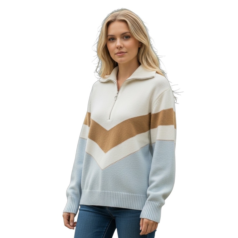 Womens Colorblock Chevron Zip Neck Sweater‎ Light Blue Tan Cream Size Small